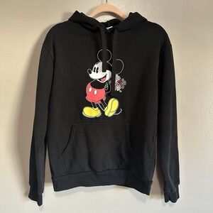 Disney Hoodie Sweater Mickey Mouse Black Embroidered Flowers Women's Size Lg
